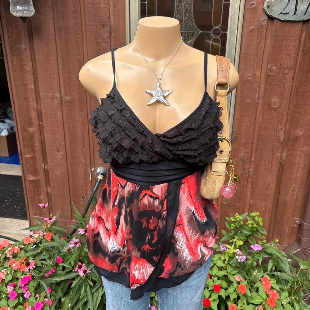 y2k 2000s whimsygoth black red floral ruffle babydoll cami top